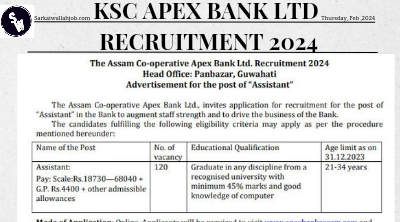 KSC Apex Bank Ltd Bank Assistant Recruitment 2024